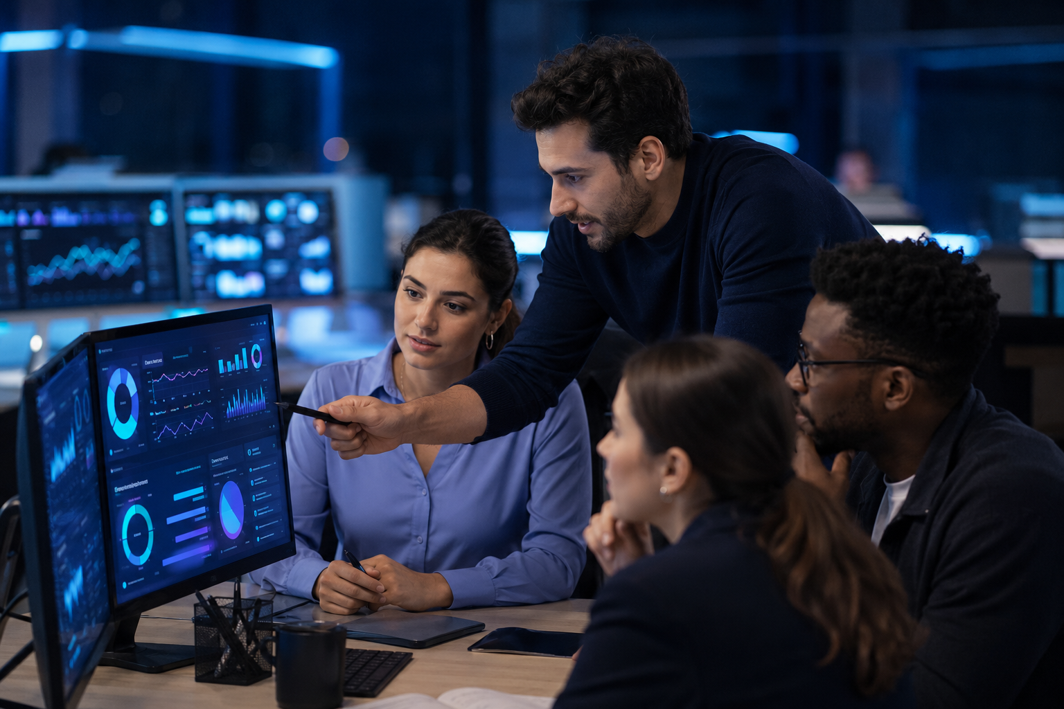 Operations team reviewing real-time contact center dashboards